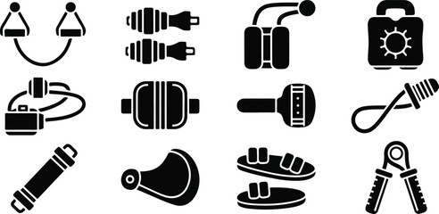 Set of 12 black silhouette diving and snorkeling equipment vector icons, including flippers, mask, snorkel, oxygen tank, and weight belt for underwater sports. isolated PNG with Transparent © sweet.love.com
