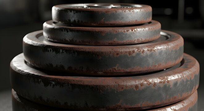 Stack of heavy vintage iron weight plates with realistic rust and metallic texture. Authentic 3D asset for hardcore gym branding, crossfit powerlifting, and old-school strength training themes.
