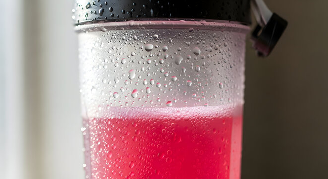 Close-up 3D render of a fitness shaker bottle covered in icy water droplets filled with bright pink pre-workout energy drink. Great for gym nutrition, hydration, and workout supplement ads.