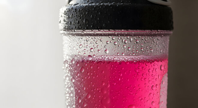 Close-up 3D render of a fitness shaker bottle covered in icy water droplets filled with bright pink pre-workout energy drink. Great for gym nutrition, hydration, and workout supplement ads.