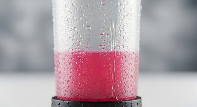Close-up 3D render of a fitness shaker bottle covered in icy water droplets filled with bright pink pre-workout energy drink. Great for gym nutrition, hydration, and workout supplement ads.