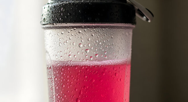 Close-up 3D render of a fitness shaker bottle covered in icy water droplets filled with bright pink pre-workout energy drink. Great for gym nutrition, hydration, and workout supplement ads.