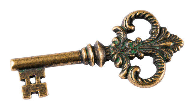 Ornate antique brass skeleton key with rustic green patina isolated for historical design