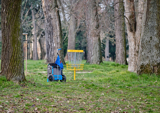 Disc golf cart and disc golf basket