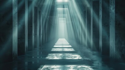 Fototapeta premium Dark Futuristic Corridor with Volumetric Light Beams and Dramatic Perspective