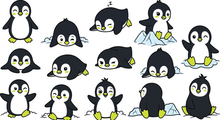Adorable arctic cartoon penguins in diverse poses © Gimhana