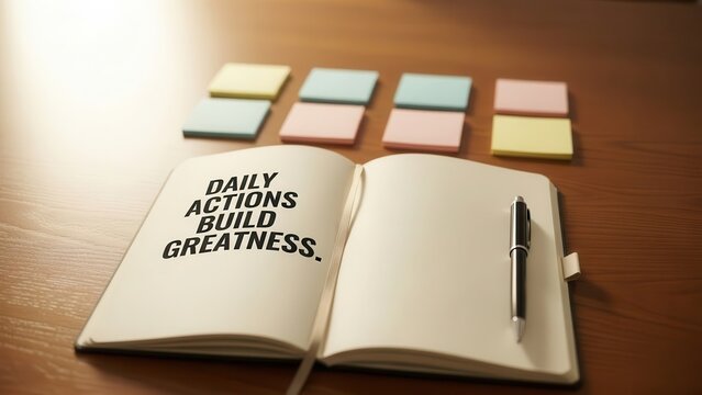 Open journal with motivational quote and sticky notes