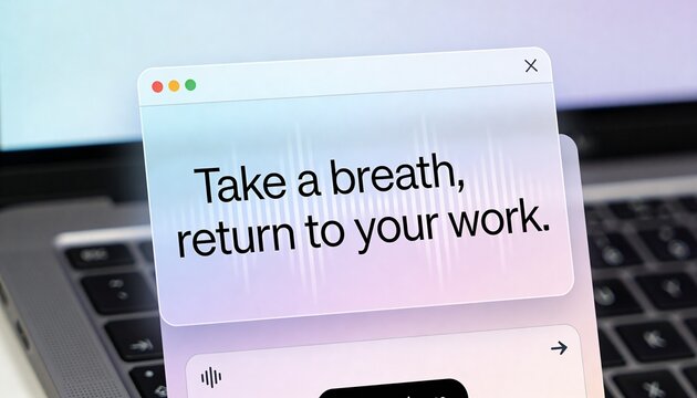 Displaying translucent modal on laptop at desk, showing waveform, mac controls, speaker icon