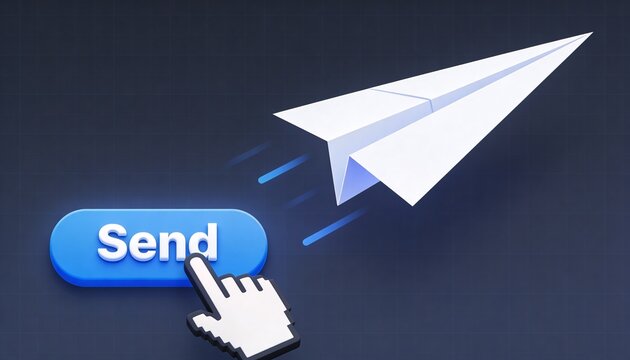 Launching white paper airplane gliding on dark blue grid, with Send button, pixel cursor, streaks