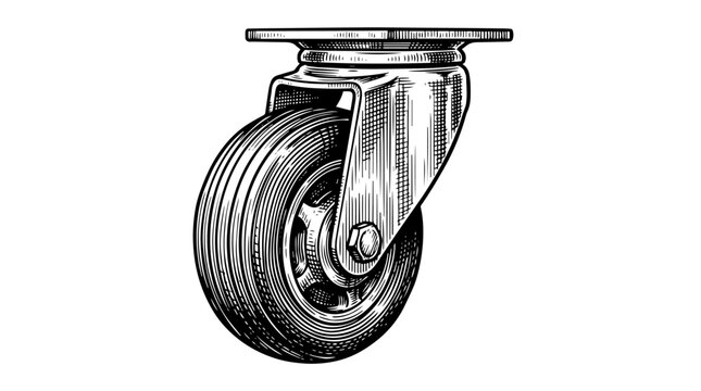 This vintage style drawing showcases a single industrial caster wheel, featuring a rubber tire mounted on a metal swivel fork with a circular mounting plate, perfect for machinery or furniture
