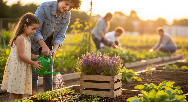 A parent with child watering seedlings. Group of people working in garden, concept of family bonding, growth and teamwork, nature, hobby