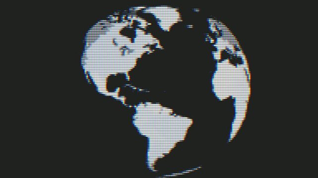 Animated pixel art globe of Earth rotating on a dark background. This retro digital render features a unique halftone screen effect.