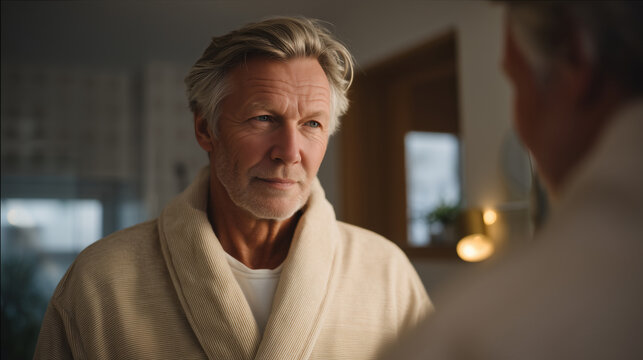 Senior man stares at reflection in bathroom mirror without recognition of person untethered from lifelong career, morning routine lacking former purpose, ideal for identity crisis, self-concept loss