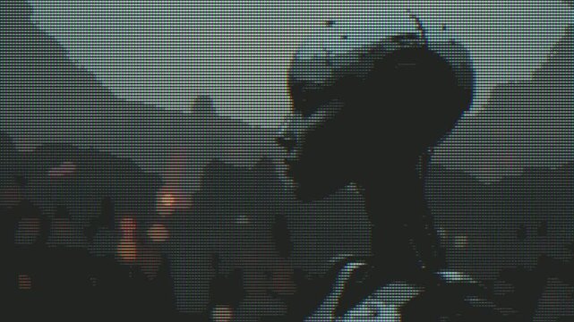 A mysterious humanoid figure in a futuristic helmet stands against a bustling cityscape, rendered with a distinct halftone effect. 