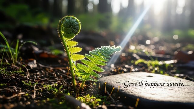 Young fern unfurling in dappled forest sunlight