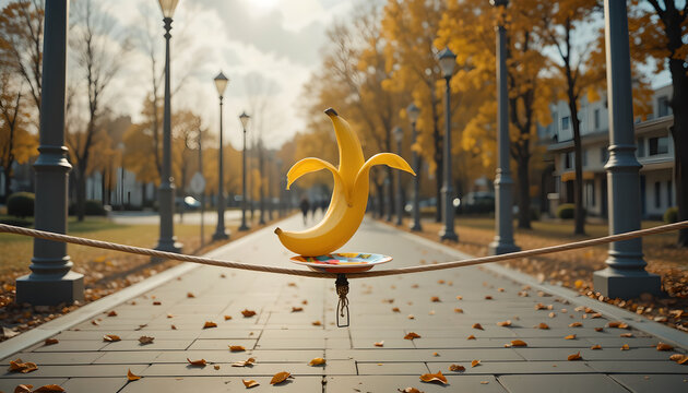 Surreal Banana Balancing on Tightrope in Autumn Park