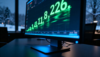 Naklejka premium Displaying widescreen monitor showing glowing green numbers and waveform on dark desk, snowy window