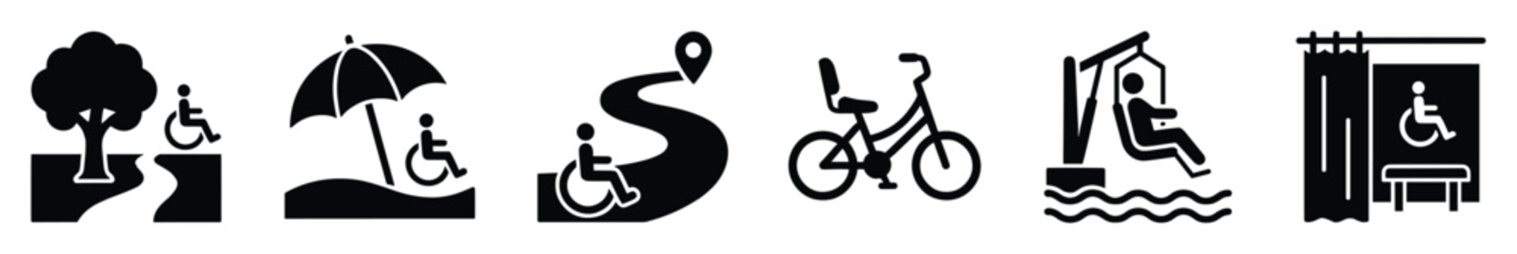 Collection of accessible outdoor and leisure activity icons including park trails, beach access, mapped routes, adapted cycling, water recreation, and changing room facilities for promoting