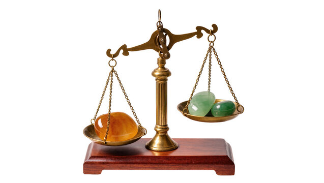 Classic brass balance scale weighing amber gemstone against two green polished stones, imbalance shown