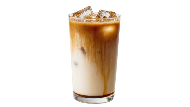 Refreshing iced coffee drink in a tall glass showcasing layered milk, coffee, and ice cubes