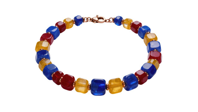Vibrant red, blue, and yellow cubic glass beads form a striking handcrafted bracelet