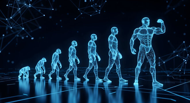 Futuristic blue hologram representing the evolution of man from primate to modern human with glowing digital matrix grid. Innovative 3D illustration for artificial intelligence, tech growth, and human