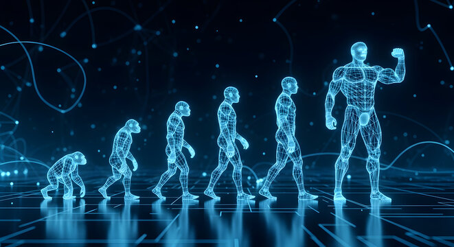 Futuristic blue hologram representing the evolution of man from primate to modern human with glowing digital matrix grid. Innovative 3D illustration for artificial intelligence, tech growth, and human