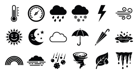 Naklejka premium A comprehensive collection of weather and climate condition icons for forecasting applications, educational materials, environmental reports, and daily meteorological updates.