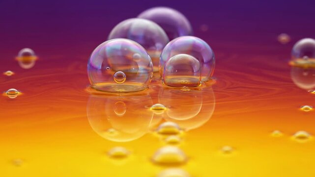 Slow motion tracking shot of soap bubbles forming rising and rippling on glossy liquid surface with orange to purple gradient background