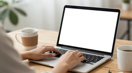 Fototapeta premium Person works on a laptop at a wooden table with coffee cups nearby in a bright room