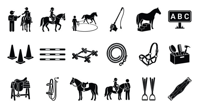 This comprehensive collection of equestrian icons depicts horse riding lessons, training equipment, and horse care items, suitable for educational materials, sports websites, and
