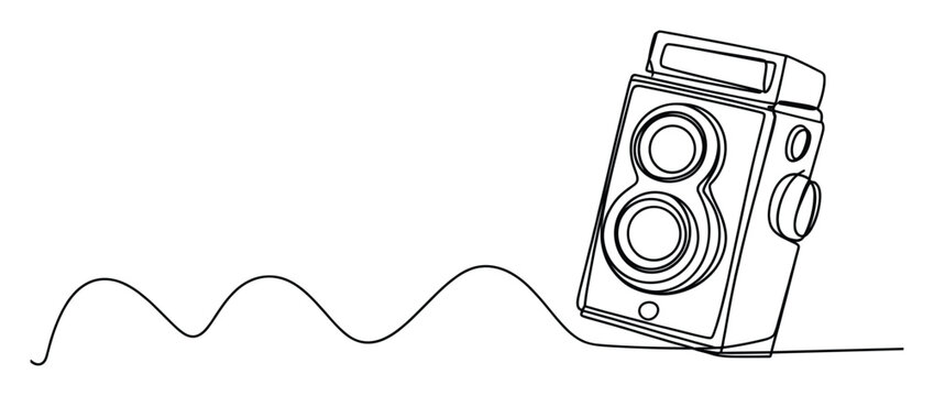 Continuous line drawing of a vintage twin lens reflex camera with a flowing wavy connection perfect for photography enthusiasts and creative projects