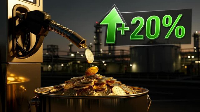 Rising fuel prices concept with bitcoins pouring from gas pump showing 20 percent increase