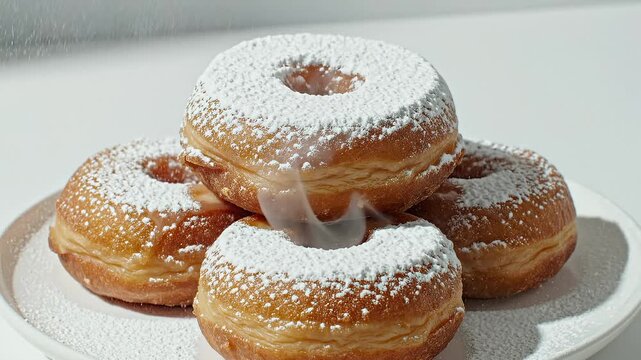 Close Up of Powdered Sugar Being Sprinkled Over Delicious Glazed Donuts on a White Plate