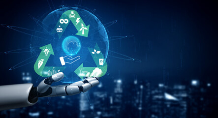 Fototapeta premium Futuristic robotic hand holding a glowing globe surrounded by eco-friendly icons representing sustainability, technology, and renewable resources in a digital city backdrop Quark.