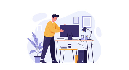 Fototapeta premium Man working on computer at office desk with chair and plant nearby