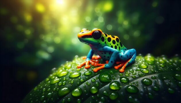 Brightly colored tree frog sitting on a dewy green leaf in a lush forest bright colors blue