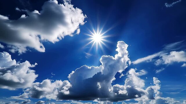 A bright sun shines through fluffy white clouds in a clear blue sky on a beautiful day in a serene landscape