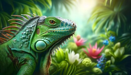 Obraz premium Green iguana with spiky frill in a lush tropical garden with colorful flowers lush foliage