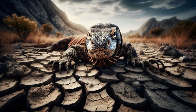 Large komodo dragon resting on cracked earth in a rugged mountainous landscape reptile lizard