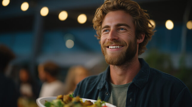 Previously isolated individual laughing genuinely at community potluck, holding plate of food, surrounded by accepting neighbors, visible relief in finally feeling belonging, ideal for social reinte