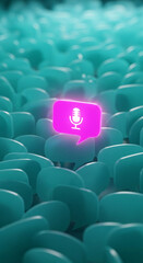 Obraz premium Stack of cyan speech bubble shape with one glowing pink bubble with microphone, representing podcast, audio content, or focus in communication