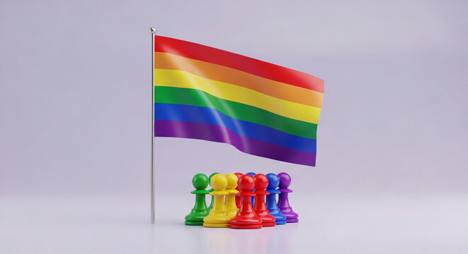 Image of a rainbow flag with chess pawns. Symbolizing diversity, inclusion, and LGBTQ+ community, advocating for tolerance and equality for everyone