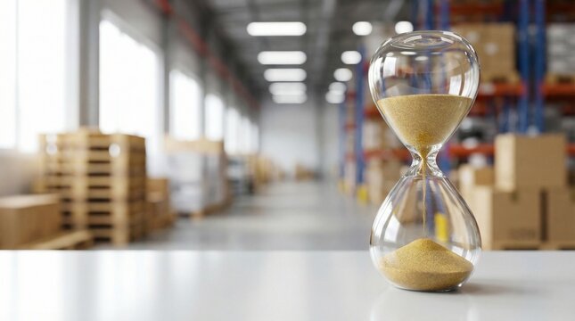 Sanduhr auf einem hellen Tisch vor unscharfem Lagerhaus-Hintergrund, Konzept f&uuml;r Logistik, Lieferzeit, Deadlines und effizientes Zeitmanagement.