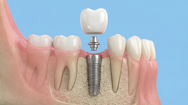 3D-Makro-Illustration eines Zahnimplantats im Kieferknochen mit schwebender Keramikkrone und transparentem Zahnfleisch, Seitenansicht auf blauem Hintergrund