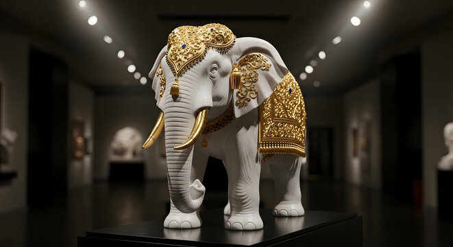 Luxurious white elephant sculpture adorned with intricate ornate gold patterns and traditional jewelry. Premium 3D render ideal for Indian royal heritage themes, Diwali, luxury home decor, and spiritu