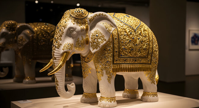 Luxurious white elephant sculpture adorned with intricate ornate gold patterns and traditional jewelry. Premium 3D render ideal for Indian royal heritage themes, Diwali, luxury home decor, and spiritu