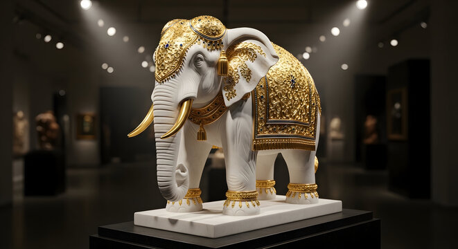Luxurious white elephant sculpture adorned with intricate ornate gold patterns and traditional jewelry. Premium 3D render ideal for Indian royal heritage themes, Diwali, luxury home decor, and spiritu