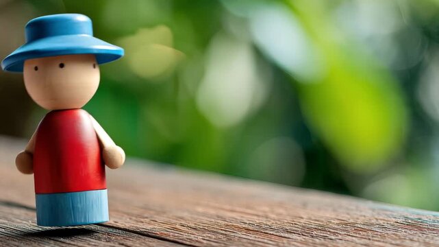 A small wooden toy figure wearing a blue hat and red shirt stands on a wooden surface in a natural outdoor setting with blurred greenery in the background, captured in a .