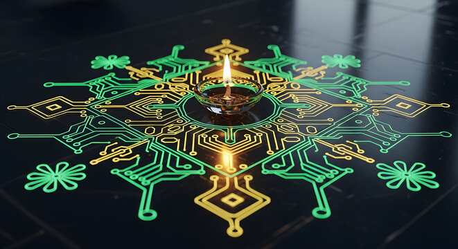 Futuristic 3D illustration combining a traditional Indian clay diya oil lamp placed atop a circular green printed circuit board (PCB) formatted as a ornate lotus mandala Rangoli. Innovative tech conce